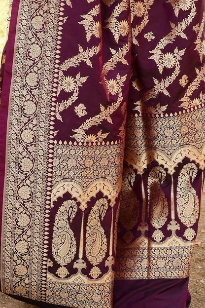 Joban Fashion Wine Banarasi Soft Pure Handloom Banarasi Silk Saree