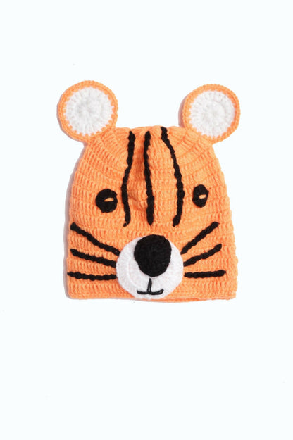Chutput Kids Woollen Hand Knitted Tiger Detail Cap - Orange