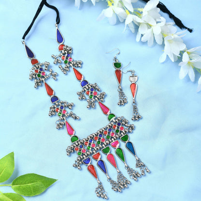 Mominos Fashion Johar Kamal Oxidised Silver-Plated Meenakari Multi Long Necklace Set For Women