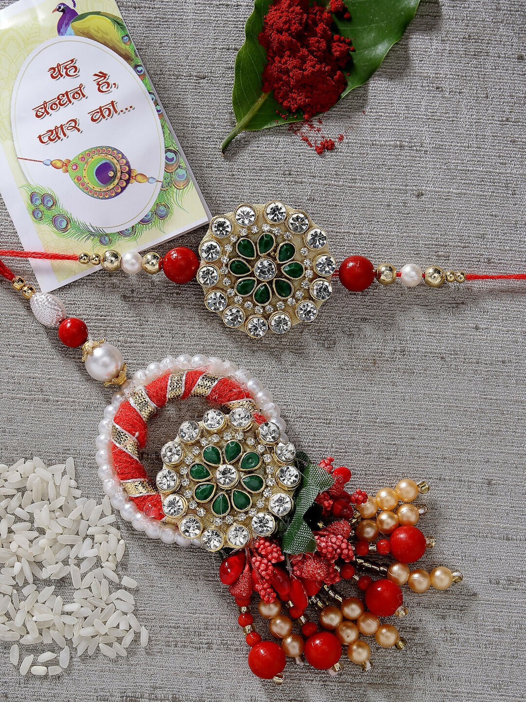 NVR Women & Men Set of 2 Red & Gold Toned Stone-Studded & Beaded Bhaiya Bhabhi Rakhi With Roli Chawal