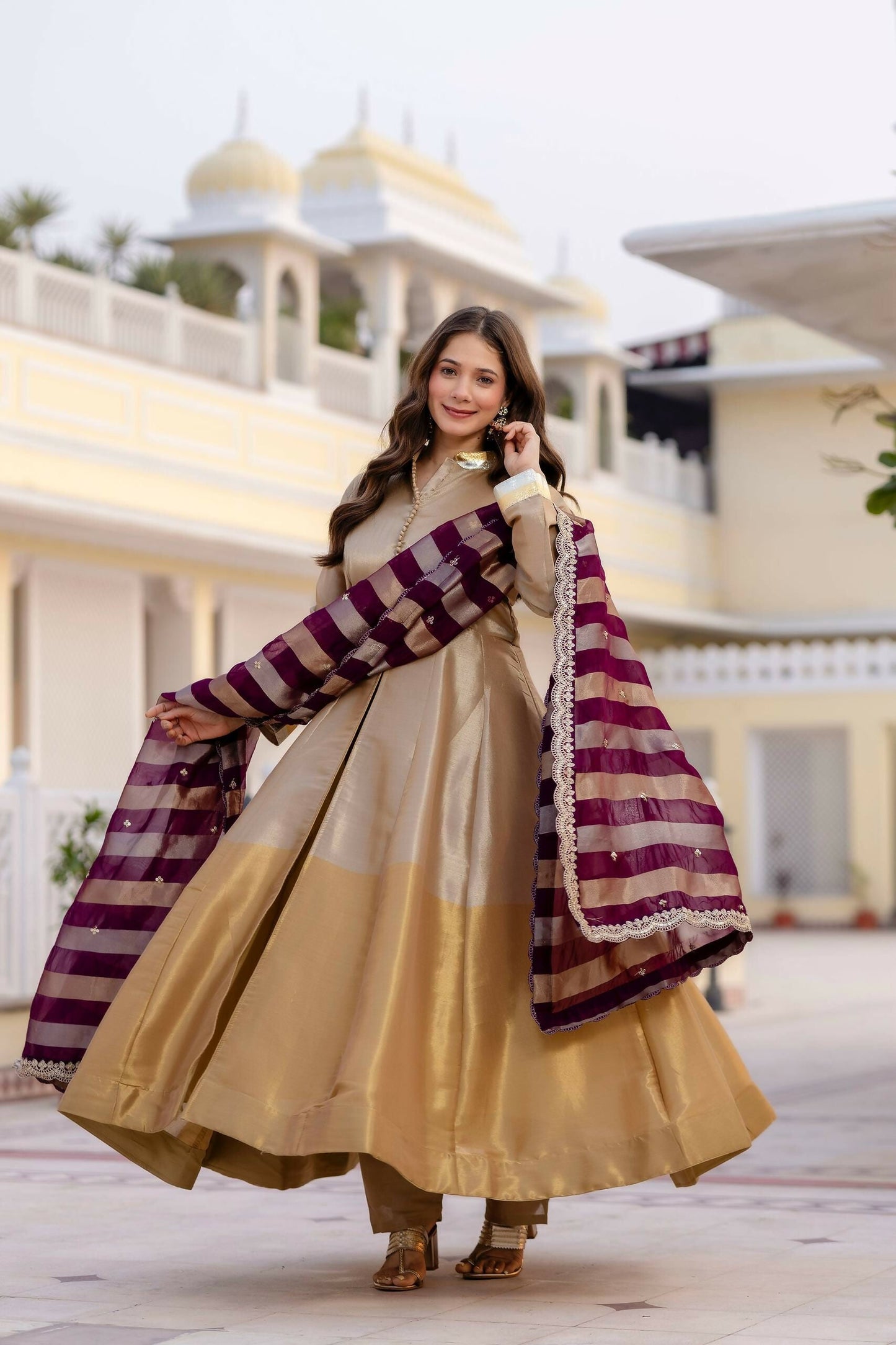 Teeya Creation Multi Color Pure Banarasi Viscose Wedding Wear Long Gown