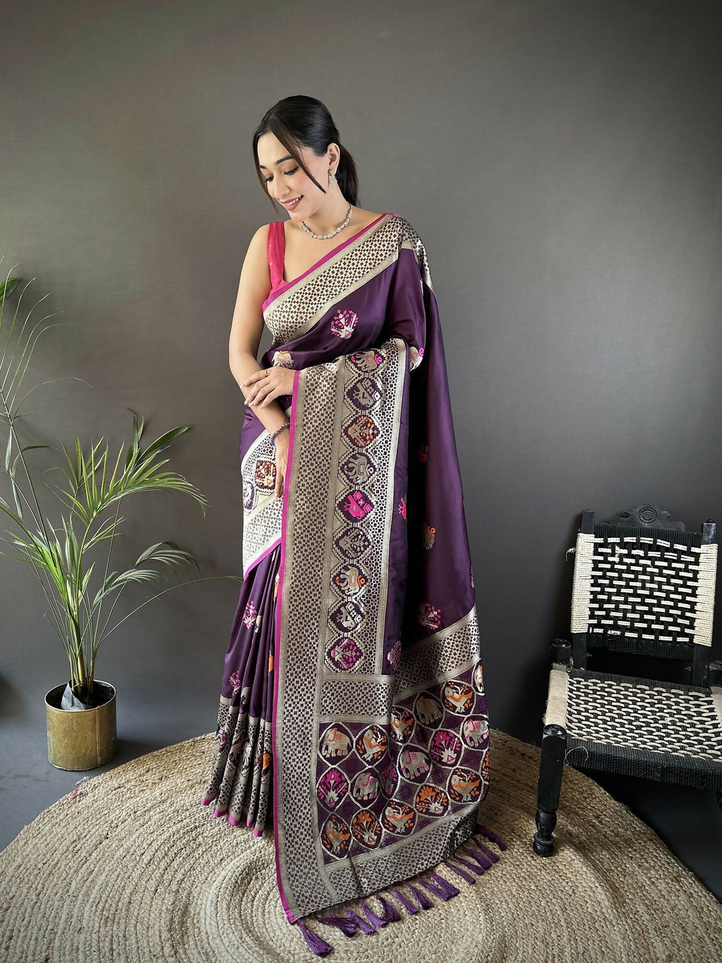 Joban Fashion Wine Elephant & Floral Motifs Soft Lichi Silk Banarasi Saree