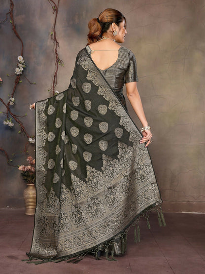 Joban Fashion Dark Green Woven Jacquard Banarasi Silk Sarees