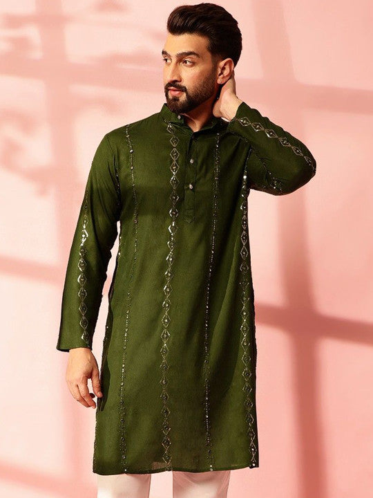 Anouk Geometric Embroidered Sequinned Cotton Straight Kurta