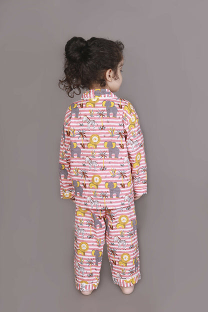 Breathables Kids Cotton Night Suit – Red & White Jungle Stripe Shirt & Pyjama Co-Ord Set For Boys & Girls