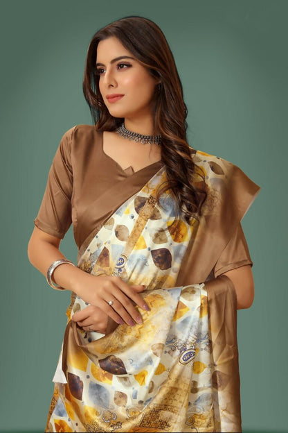 Aayaa Designer Printed Satin Saree - Multi Color