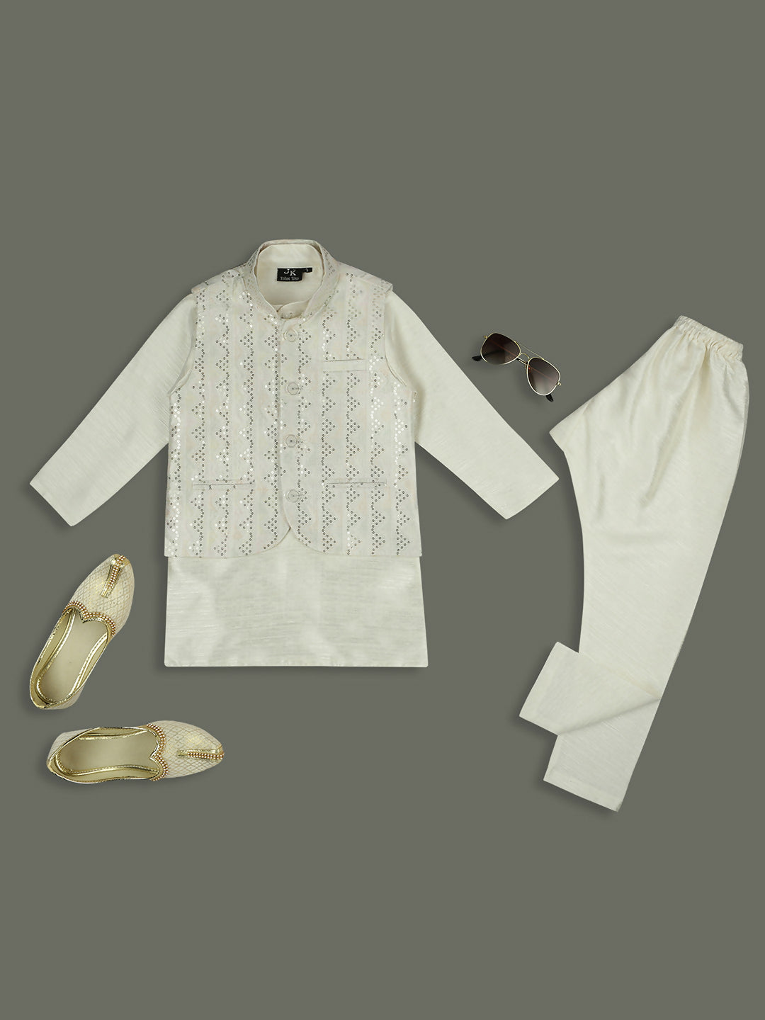 Joban Fashion Kids Island Elegance Sequence work Nehru Jacket Full Sleeves Kurta, Pyjama Set - Cream