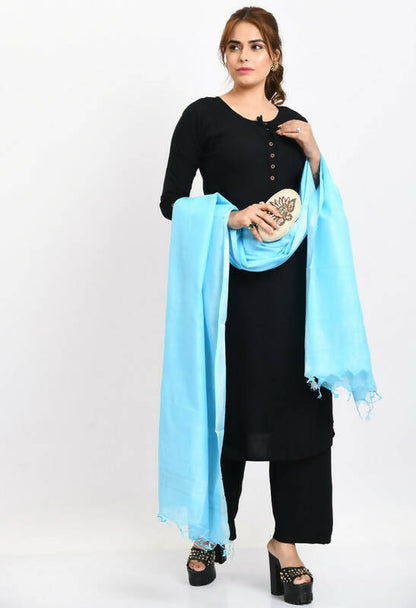 Mominos Fashion Moeza Women's Linen Cotton Silver Border Sky Blue Dupatta
