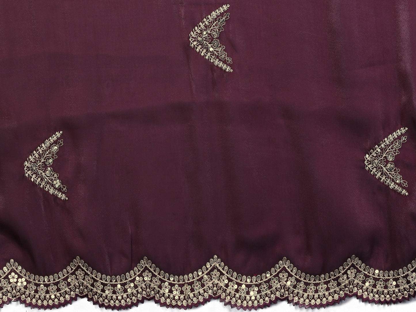 Vastranavya Wine Embroidery Work Shimmer Chiffon Saree with Unstitched Blouse