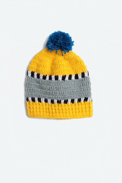 Chutput Kids Woollen Hand Knitted Self Desgin Detailed Cap - Yellow