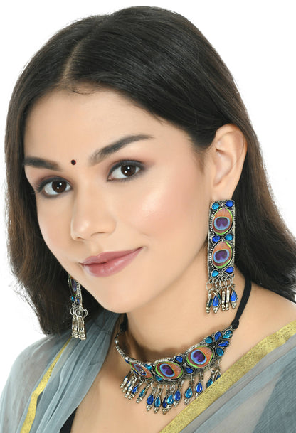 Mominos Fashion Johar Kamal Oxidised Silver-Plated Brass Finish Peacock Wings Choker For Women