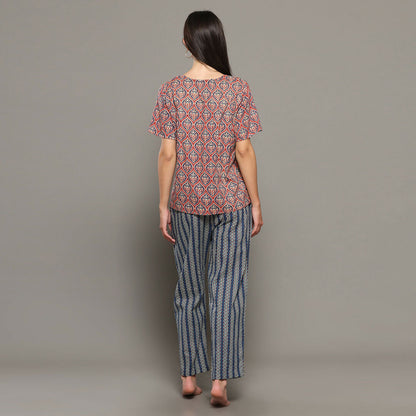 Breathables Women Cotton Printed Loungewear Kurta And Pants Co-Ord Set Pink & Navy I Nightwear