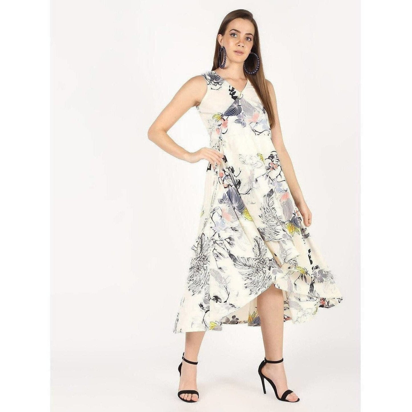 Cheera White Colour Flowral Printed Flair Party Dress