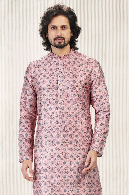 Raivat Ethnic Jacquard Banarasi Silk Digital Print Kurta Pajama In Dark Pink Colour