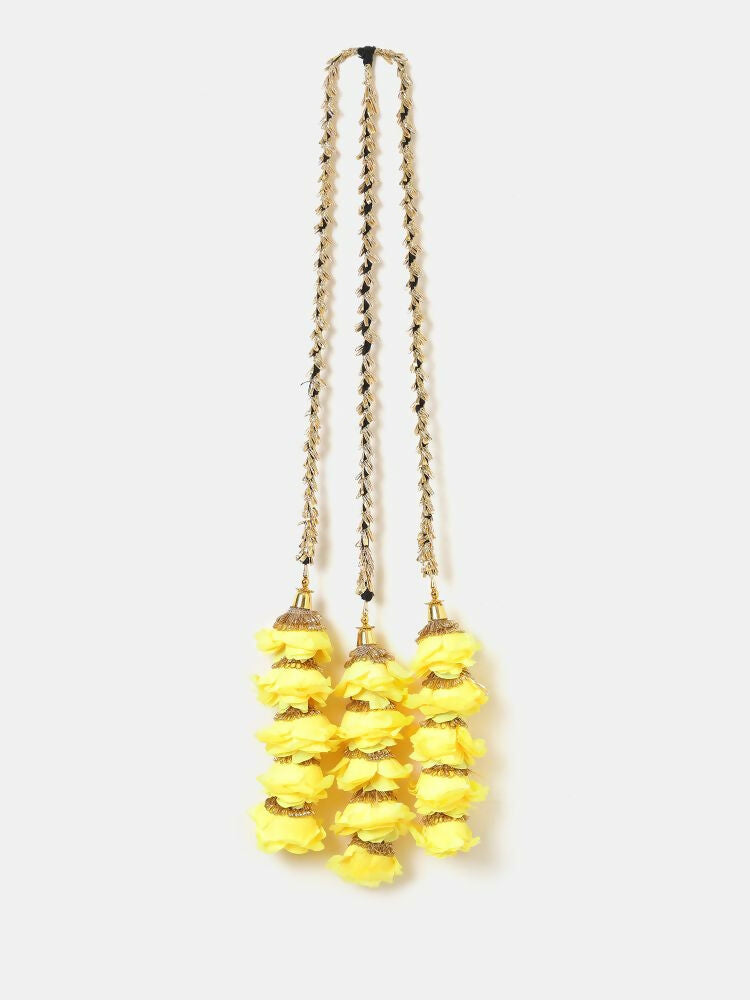 Ruby Raang Gold Gota Pati Work And Yellow Rosses With Black Thread & Golden Stones