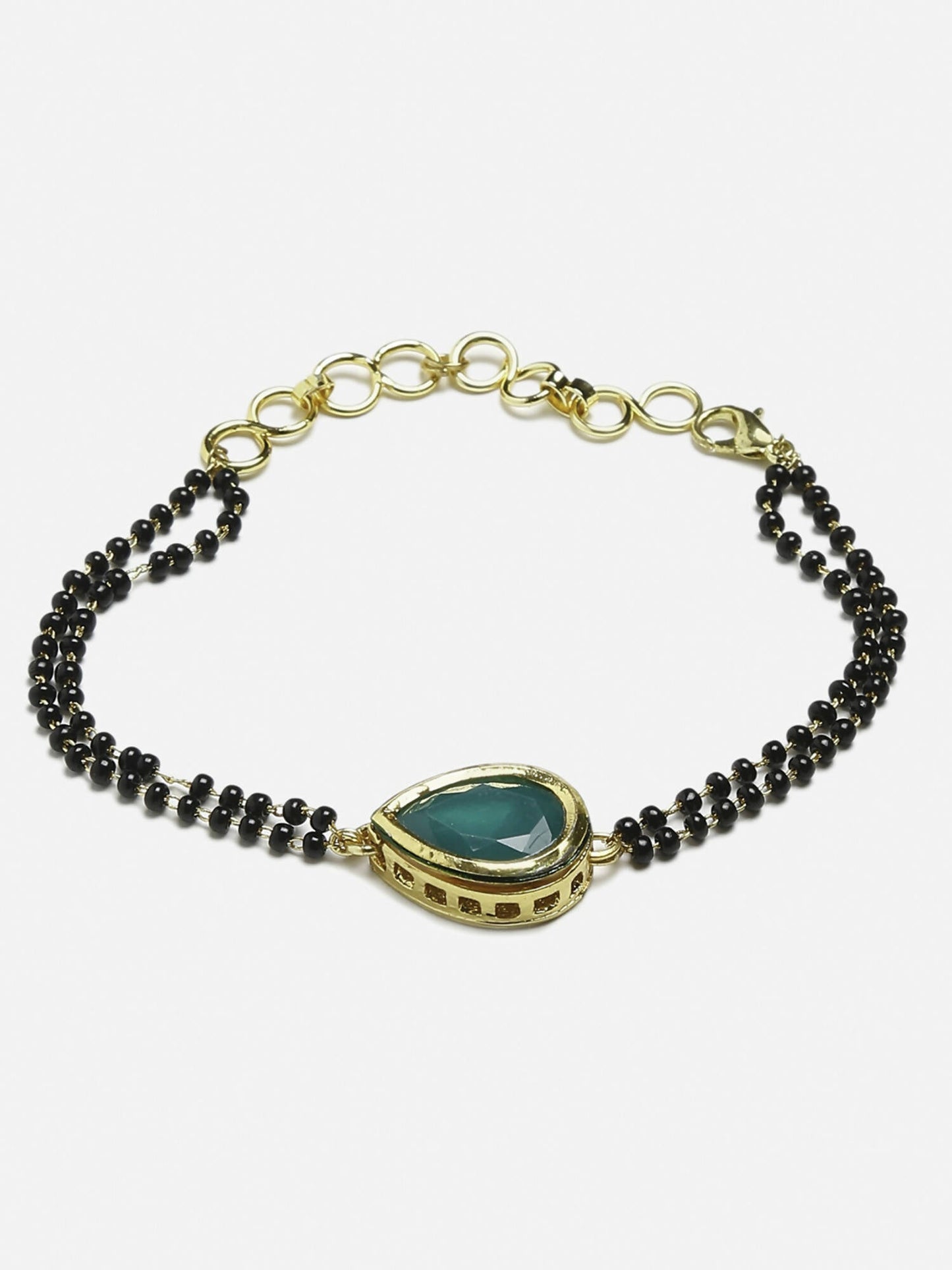Women's Black Gold-Toned Gold-Polished Kundan Studded Charm Mangalsutra Bracelet - Ruby Raang