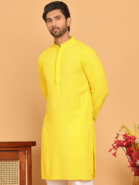 Anouk Yellow Geometric Embroidered Mandarin Collar Sequinned Straight Kurta