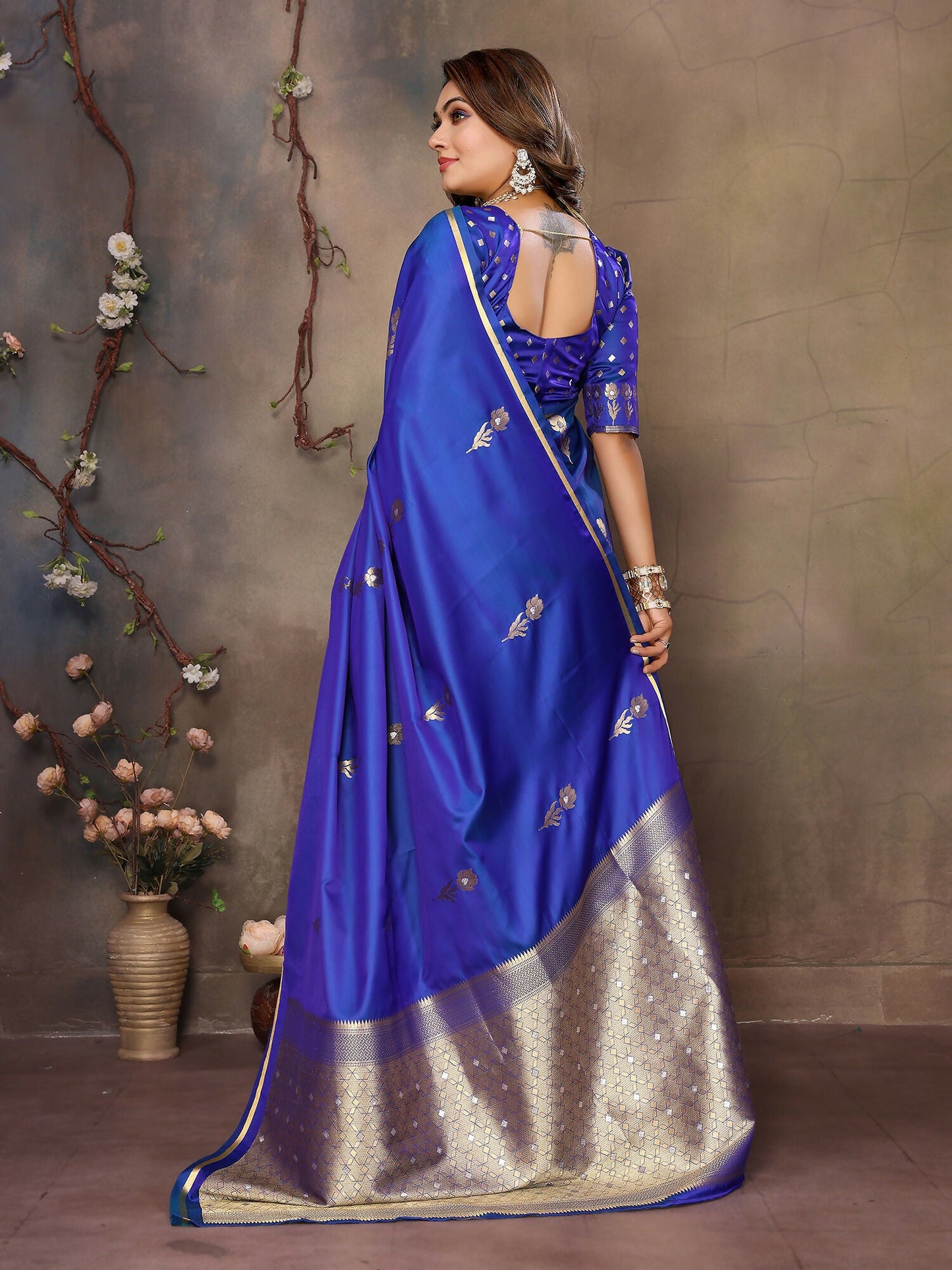 Joban Fashion Royal Blue Floral & Botanical Motifs Satin Silk Banarasi Silk Saree