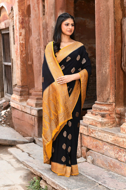 Joban Fashion Black Crepe Chiffon Pure Handloom Banarasi Silk Saree