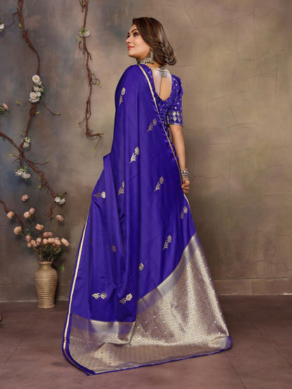 Joban Fashion Indigo Blue Floral & Botanical Motifs Satin Silk Banarasi Silk Saree