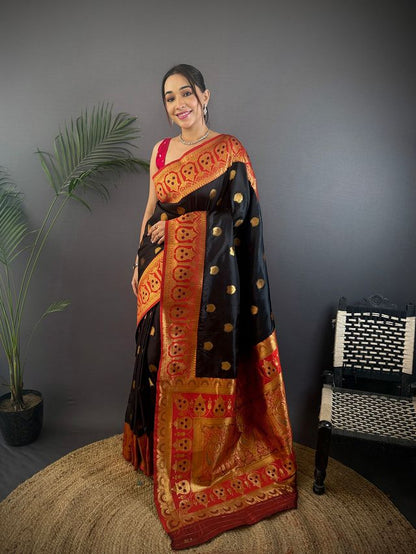 Elora Black Soft Silk Butti Zari Weaving Constrast Pallu Banarasi Saree