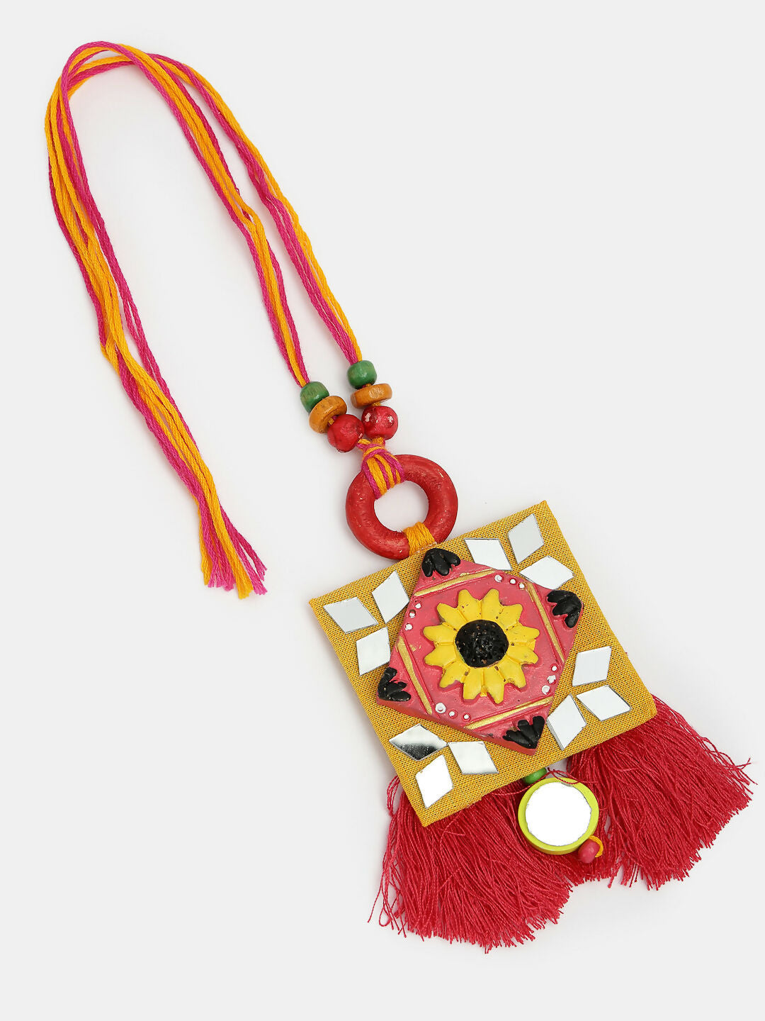 NVR Women & Men Set of 2 Red & Yellow Mirror Work Handcrafted Bhaiya Bhabi Rakhi With Roli Chawal