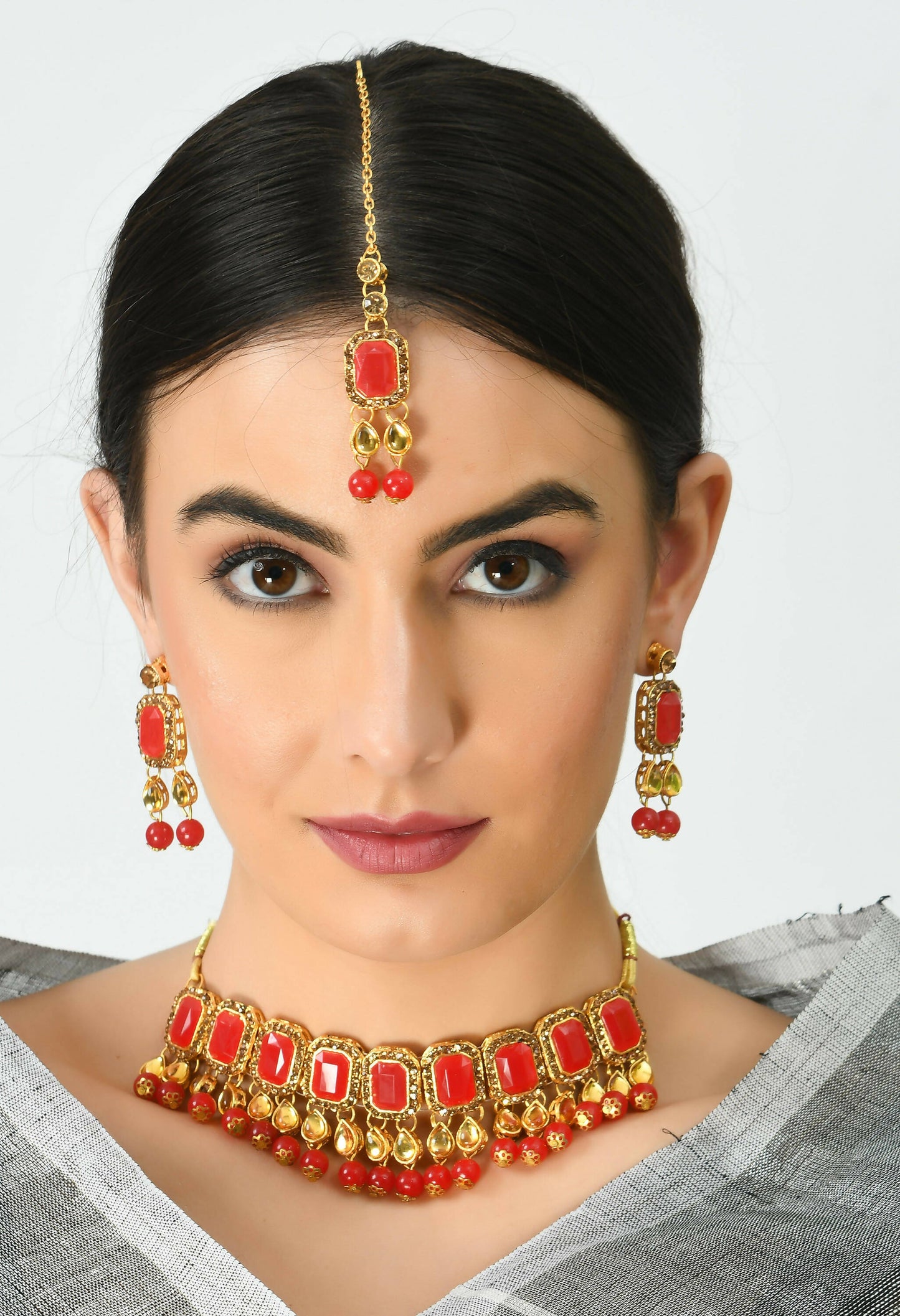 Mominos Fashion Johar Kamal Gold-Polished Brass Finish Kundan/Pearls Choker For Women (Red)