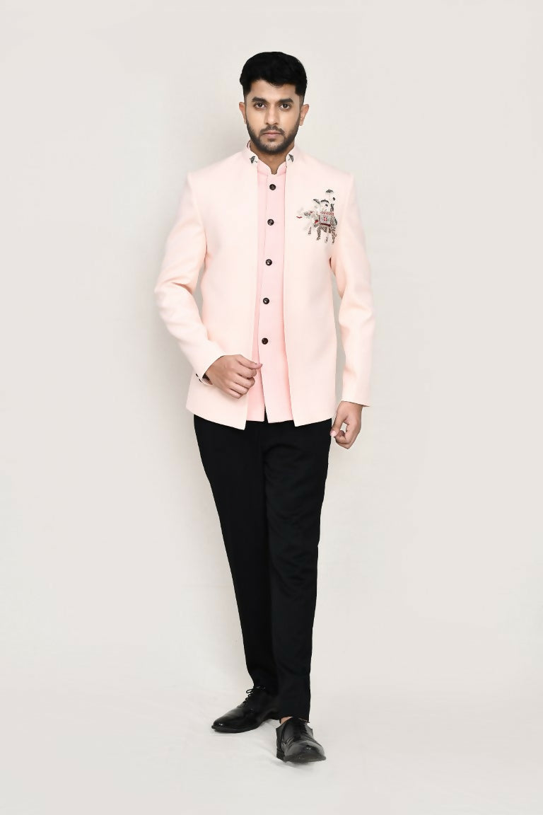 Joban Fashion Peach Colored Imported Polyester Fabric Open Prince Coat, Jacket With Pant