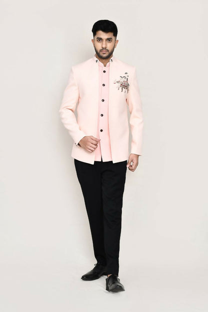 Joban Fashion Peach Colored Imported Polyester Fabric Open Prince Coat, Jacket With Pant