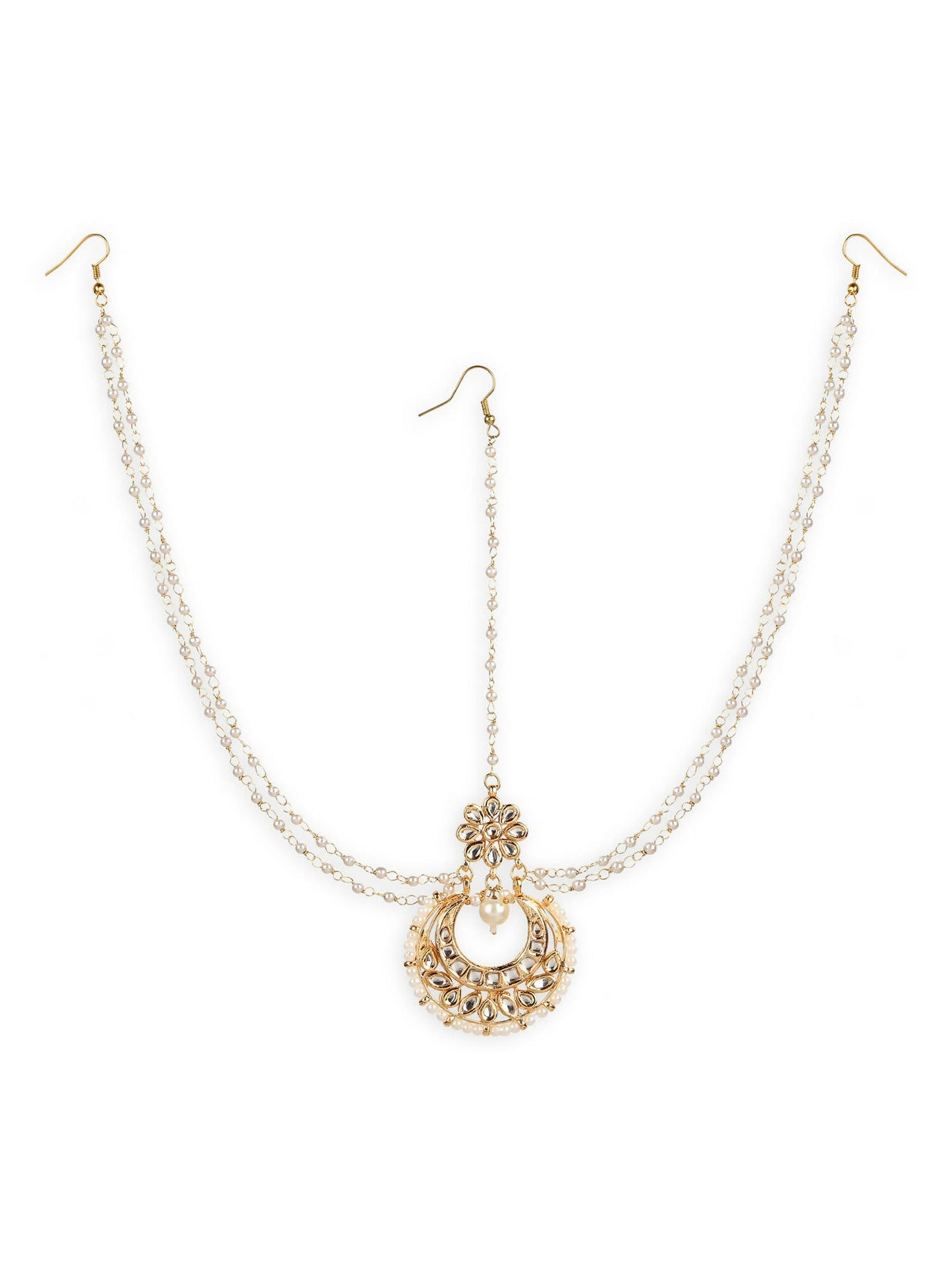 Gold-Polished White Kundan-Studded Faux Pearl Beaded Maathapatti - Ruby Raang
