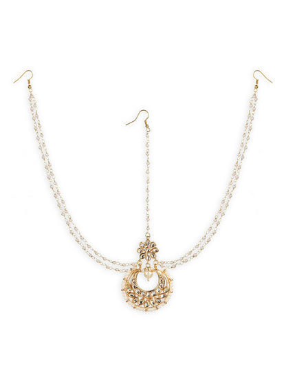 Gold-Polished White Kundan-Studded Faux Pearl Beaded Maathapatti - Ruby Raang