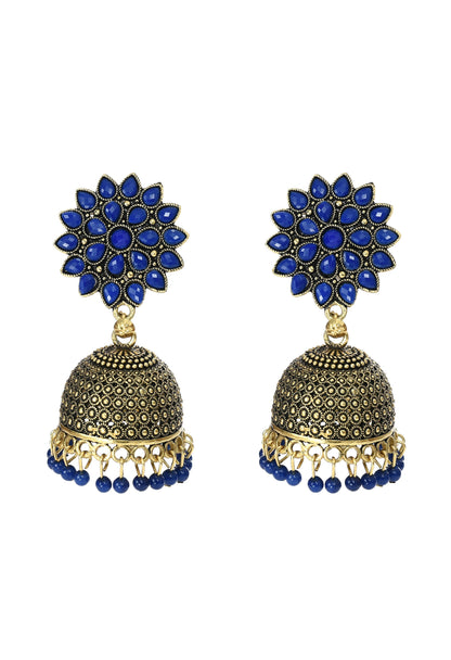 Mominos Fashion Johar Kamal Kundan Work Jhumka With Blue Beads For Women