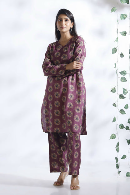 Breathables Wine Butta Print Cotton Kurta & Pants Set