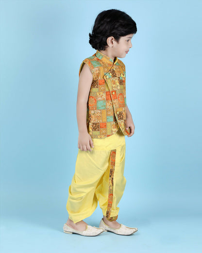 Joban Fashion Kids Island Cotton Sleeveless printed Kurta and Solid Dhoti - Yellow