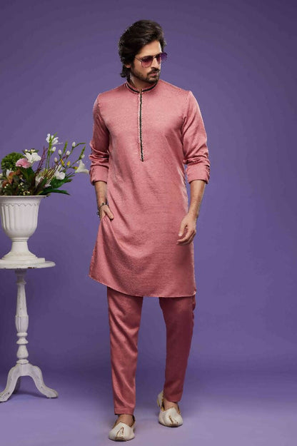 Raivat Ethnic Art Banarasi Silk Thread Work Kurta Pajama In Pink Colour
