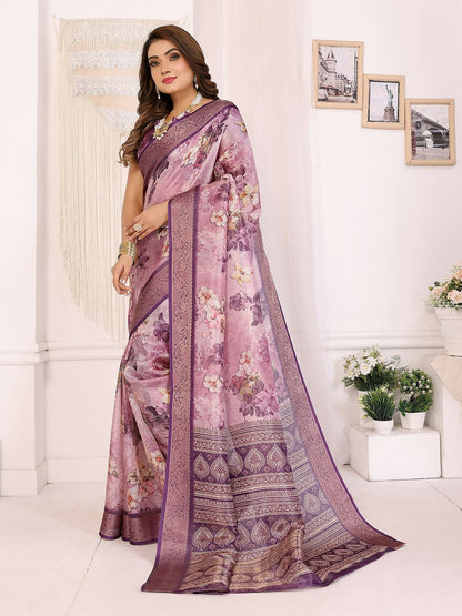 Joban Fashion Purple Floral Print pattern Banarasi Silk Sarees
