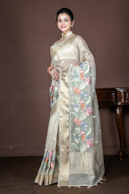 Morchari Beige Banarasi Tissue Computer Embroidery Saree Unstitched Blouse