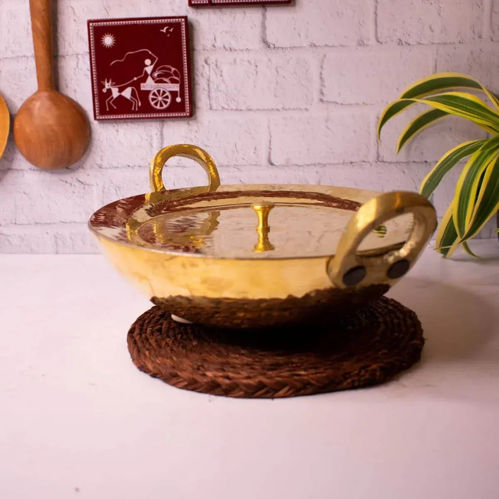 Zishta Brass Kadai with Lid Handcrafted Traditional Cookware Tin Coated