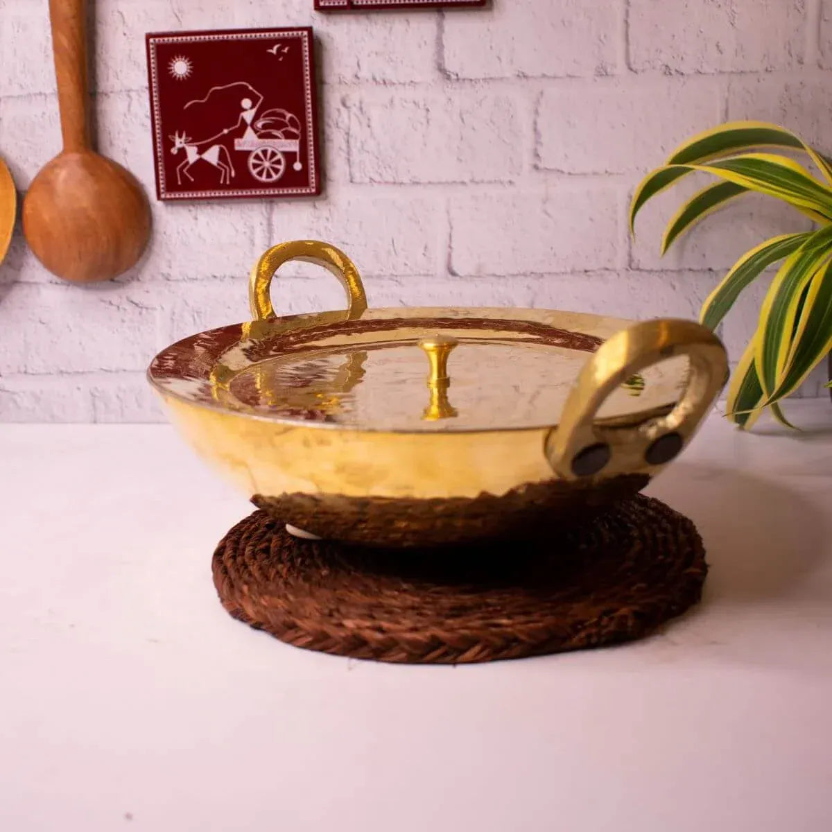 Zishta Brass Kadai with Lid Handcrafted Traditional Cookware Tin Coated
