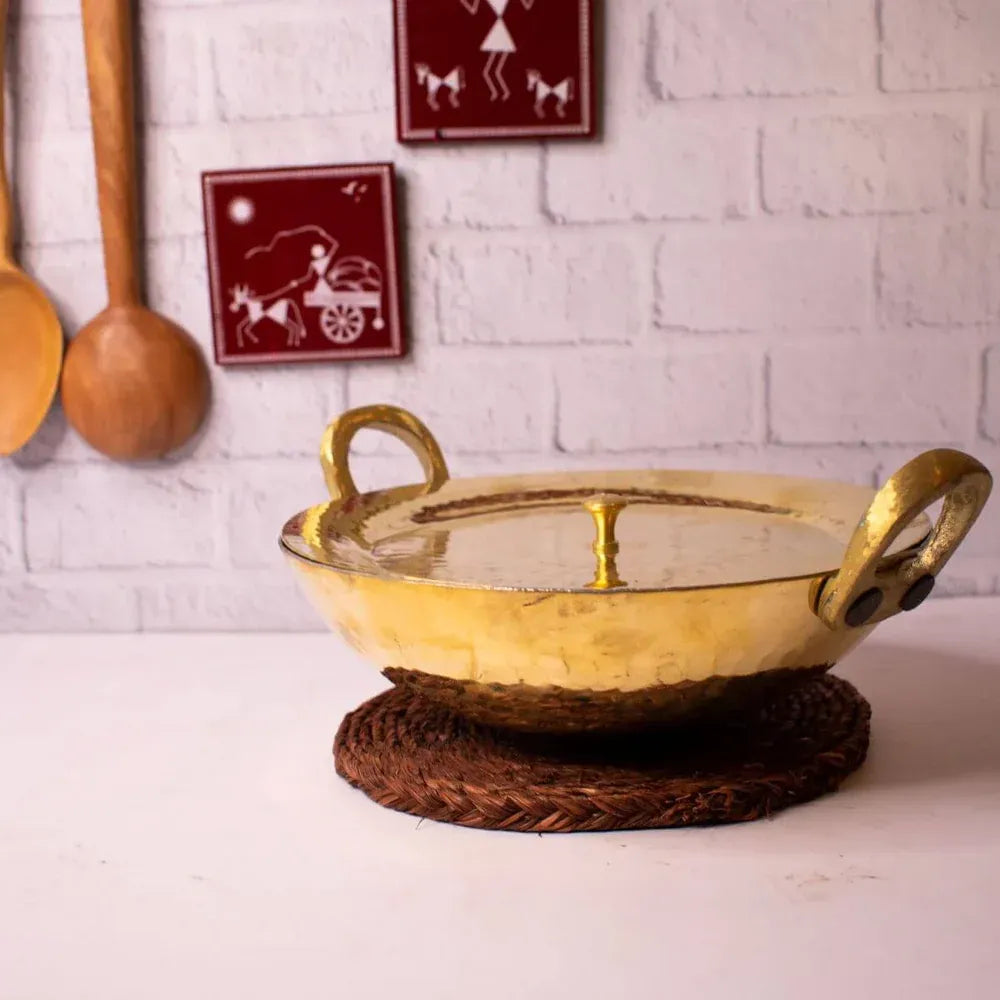 Zishta Brass Kadai with Lid Handcrafted Traditional Cookware Tin Coated