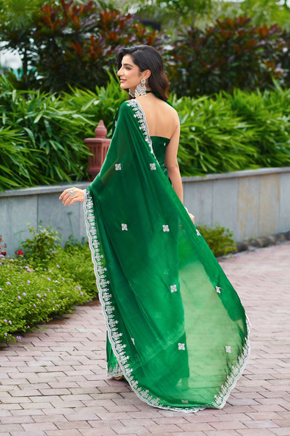 Vastranavya Green Embroidery Work Shimmer Chiffon Saree with Unstitched Blouse