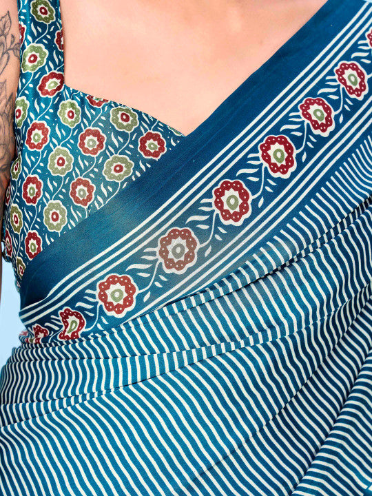 Tikhi Imli Striped Satin Ready To Wear Saree With Blouse Piece