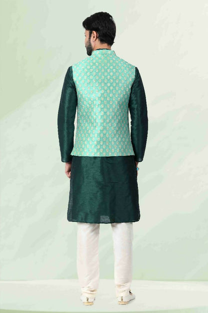 Raivat Ethnic Jacquard Banarasi Silk Woven Work 3 Pics Jacket Set In Pista Green Colour