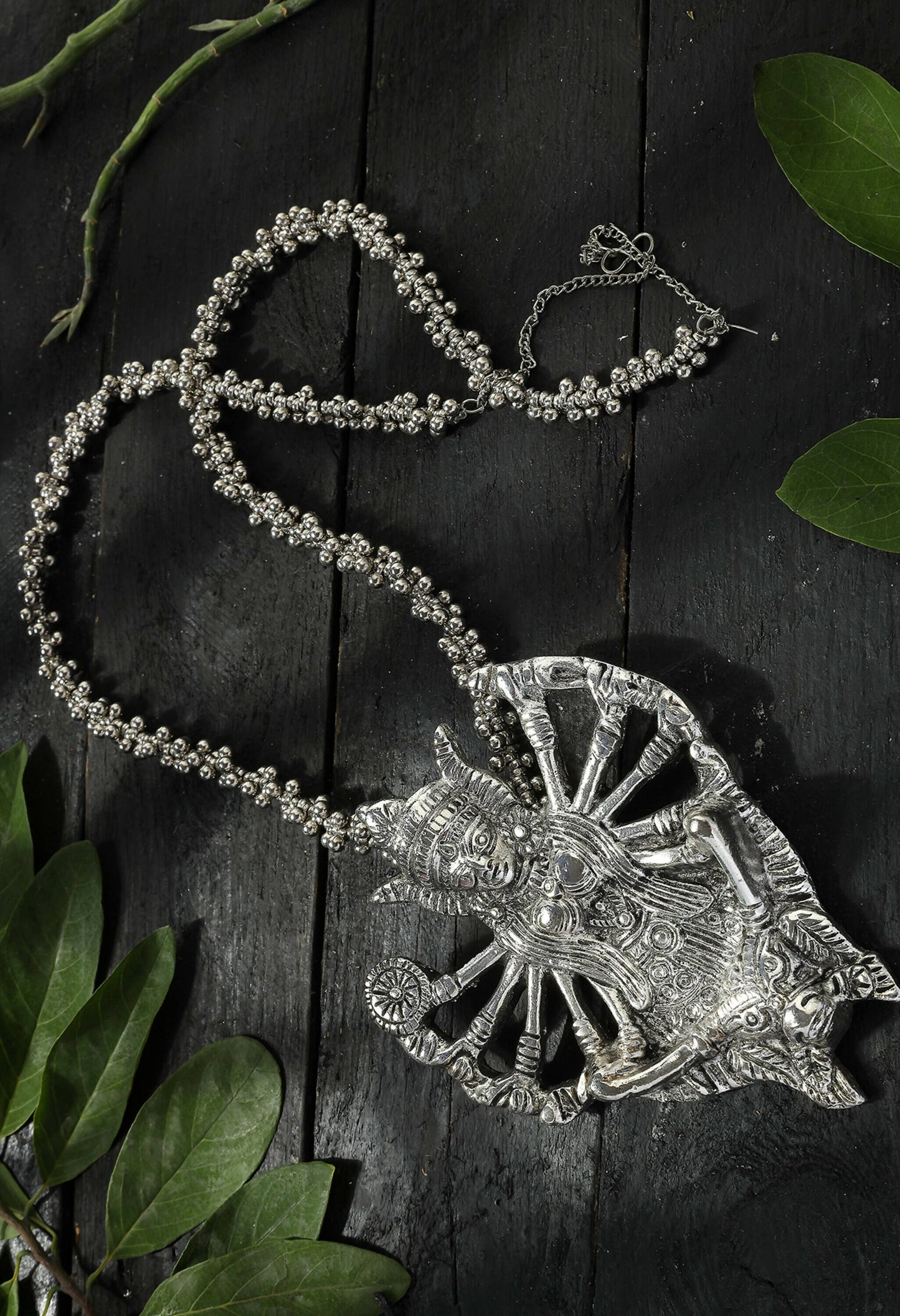 Mominos Fashion Johar Kamal Silver-Plated Brass Finish Kaali Mata Long Neckalce Combo Set For Women