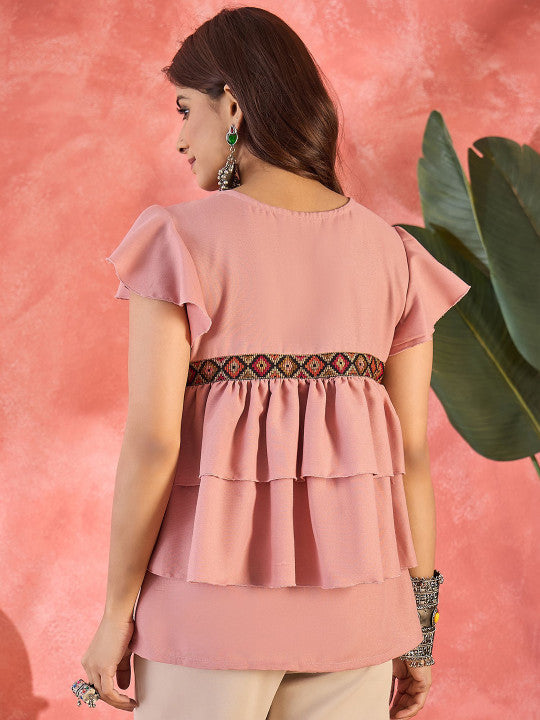 Sangria Ruffle V-Neck Flutter Sleeve Top