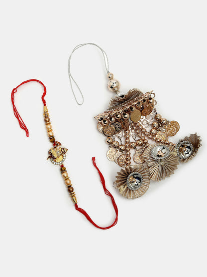 NVR Women & Men Set of 2 Gold Artificial beads Bhaiya Bhabhi Rakhi With Roli Chawal