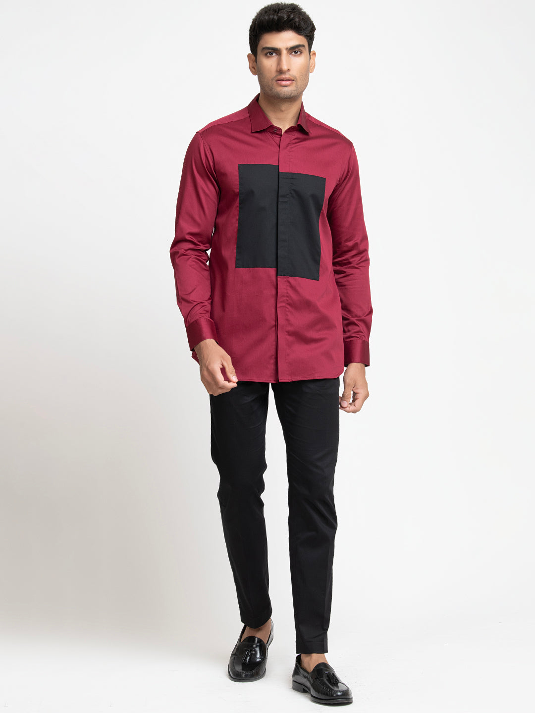 Red Shirt With Black Patch Box Shirt by Hilo Design