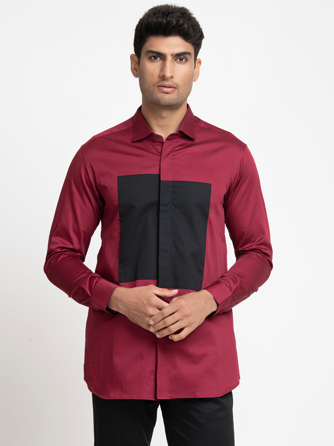 Red Shirt With Black Patch Box Shirt by Hilo Design