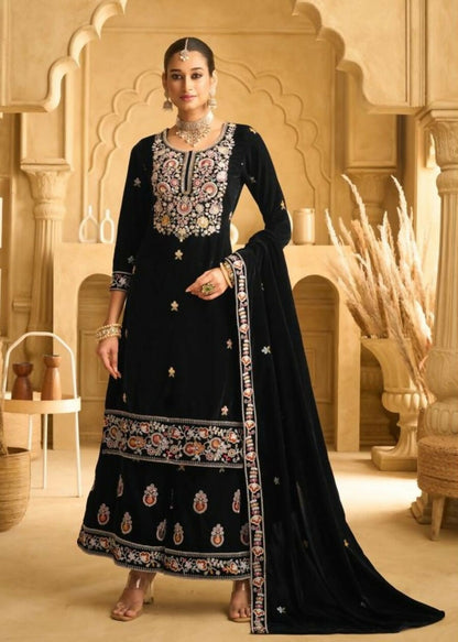 Anaita Black Embroidered with Beads Velvet Stitched Plazo Suit