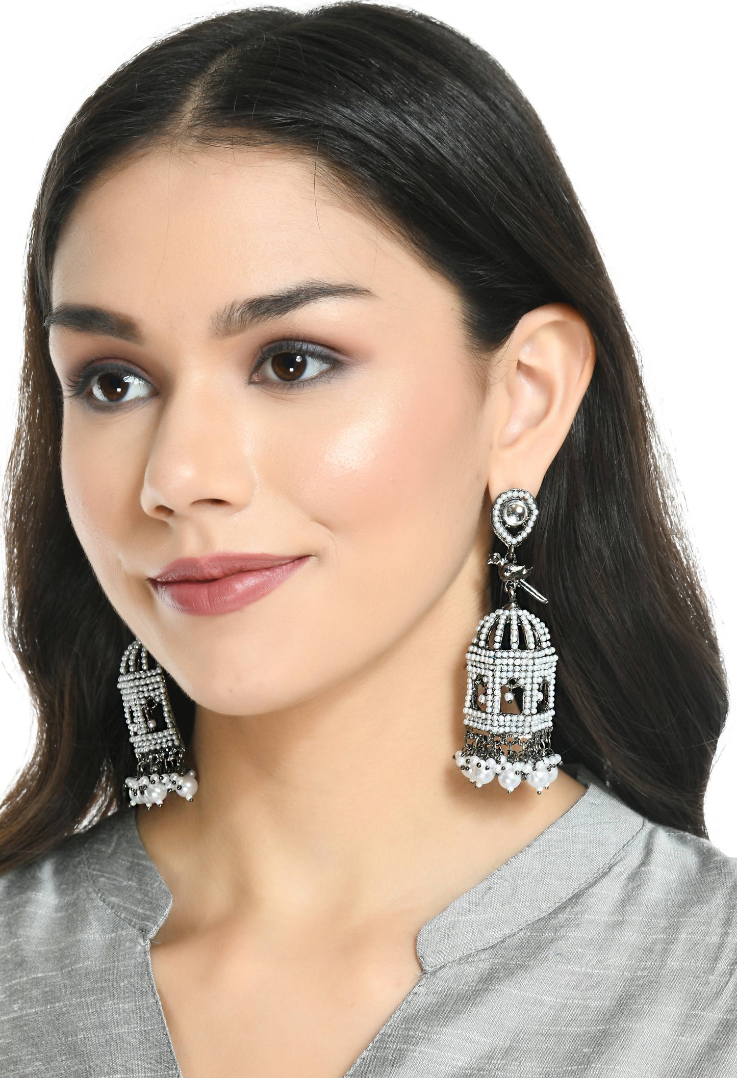 Mominos Fashion Johar Kamal Silver Color Bird Nest Earrings With Pearls